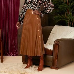 High Waist Single Breasted PU Leather Pleated Skirt